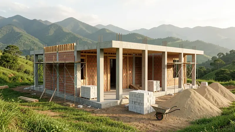 Concept rendering of a house under construction on a green hillside in Ecuador, columns, brick and scaffolding