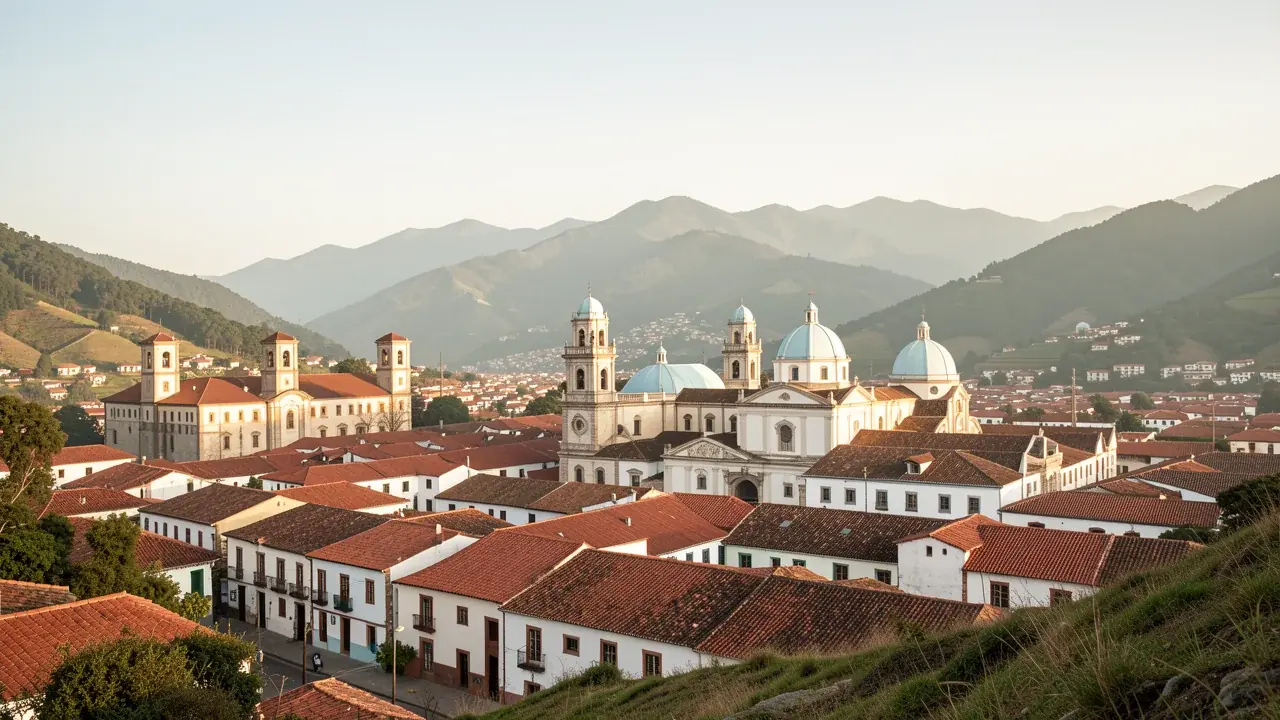 Cuenca, Ecuador, red tile roofs and the blue domes of the cathedral at golden hour