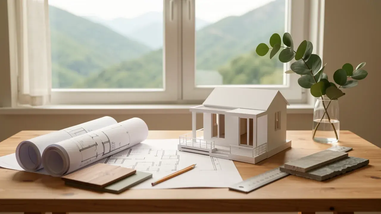 Floor plans and a white model of a single-storey house on an architect table