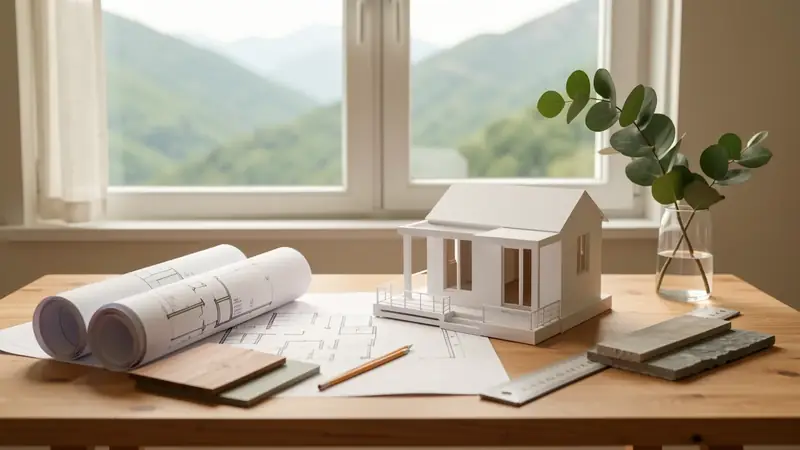 Floor plans and a white model of a single-storey house on an architect's table, custom home design in Ecuador