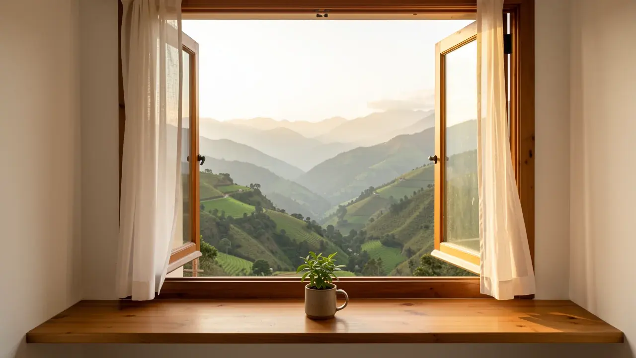 The same window opened onto a green Andean valley in southern Ecuador with layered mountains in warm morning light