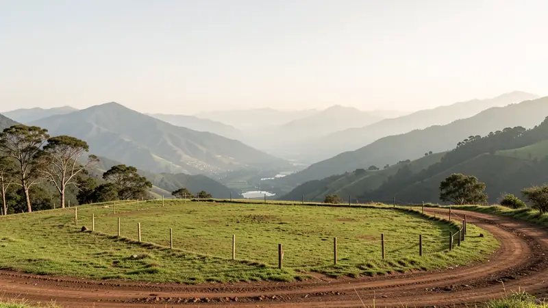 A building lot on a green hillside in Ecuador marked with survey stakes