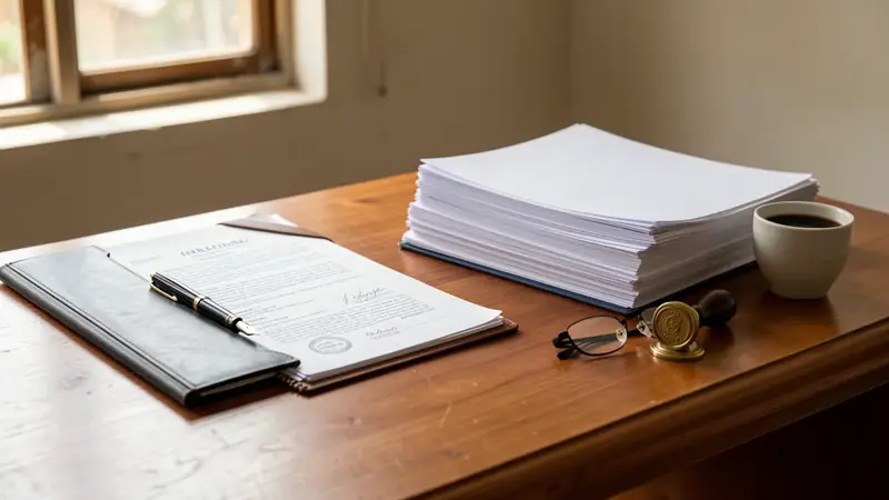 A notary desk with a property deed folder, pen and seal for a legal purchase in Ecuador