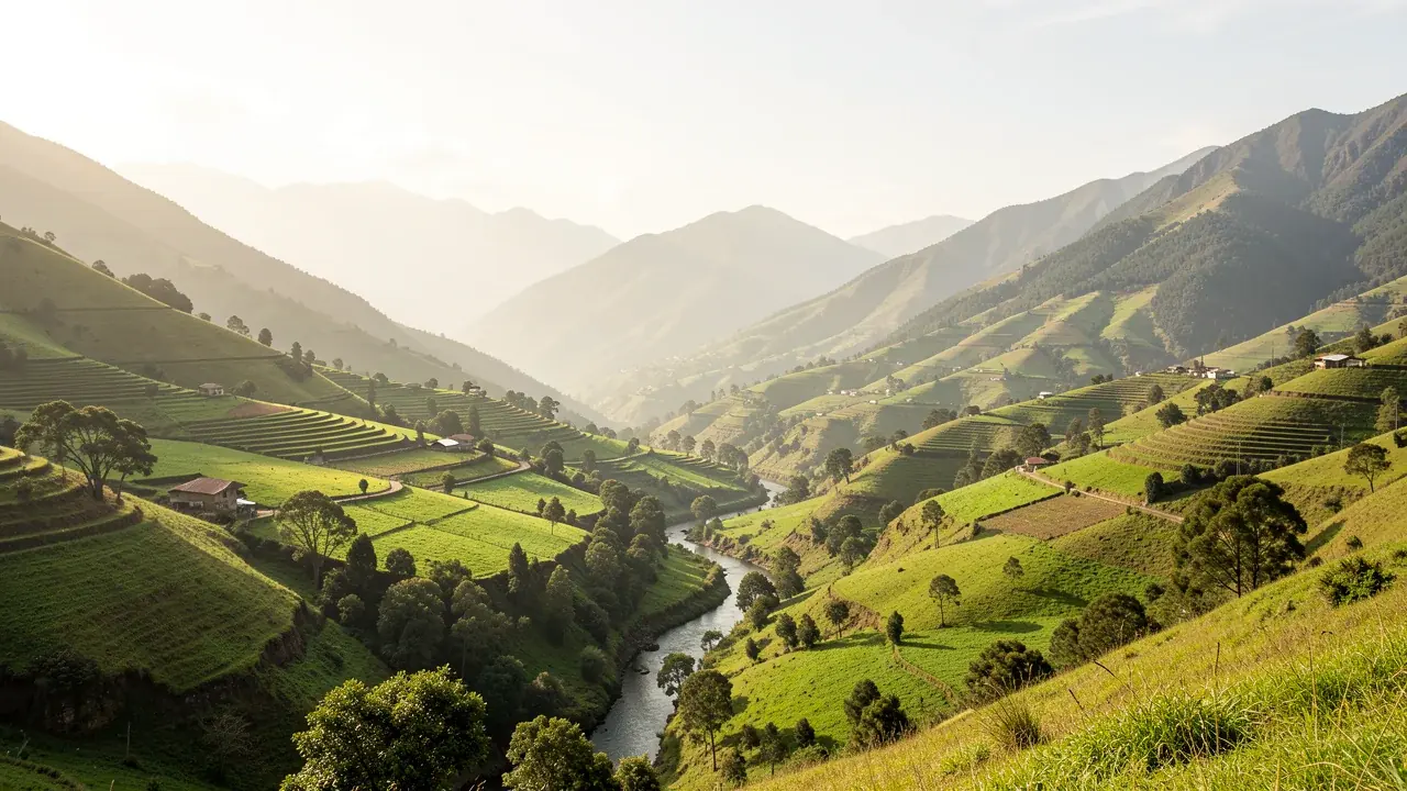 A green valley in Loja province, Ecuador, with farms and a river, retire in Ecuador blog