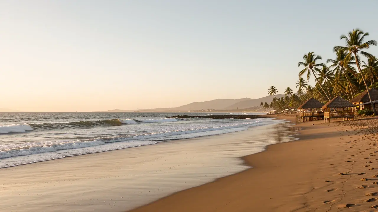 Montañita beach with surf and palm trees