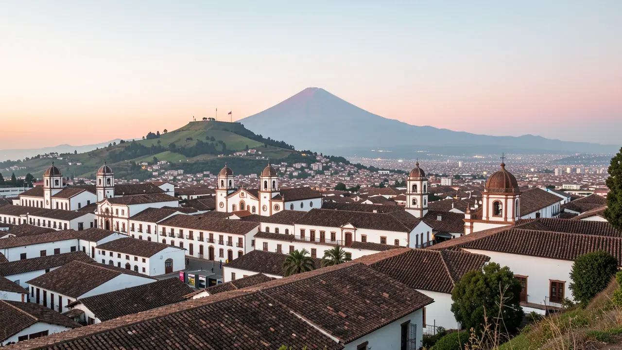 The historic center of Quito at dusk, where My Ecuador Real Estate is based