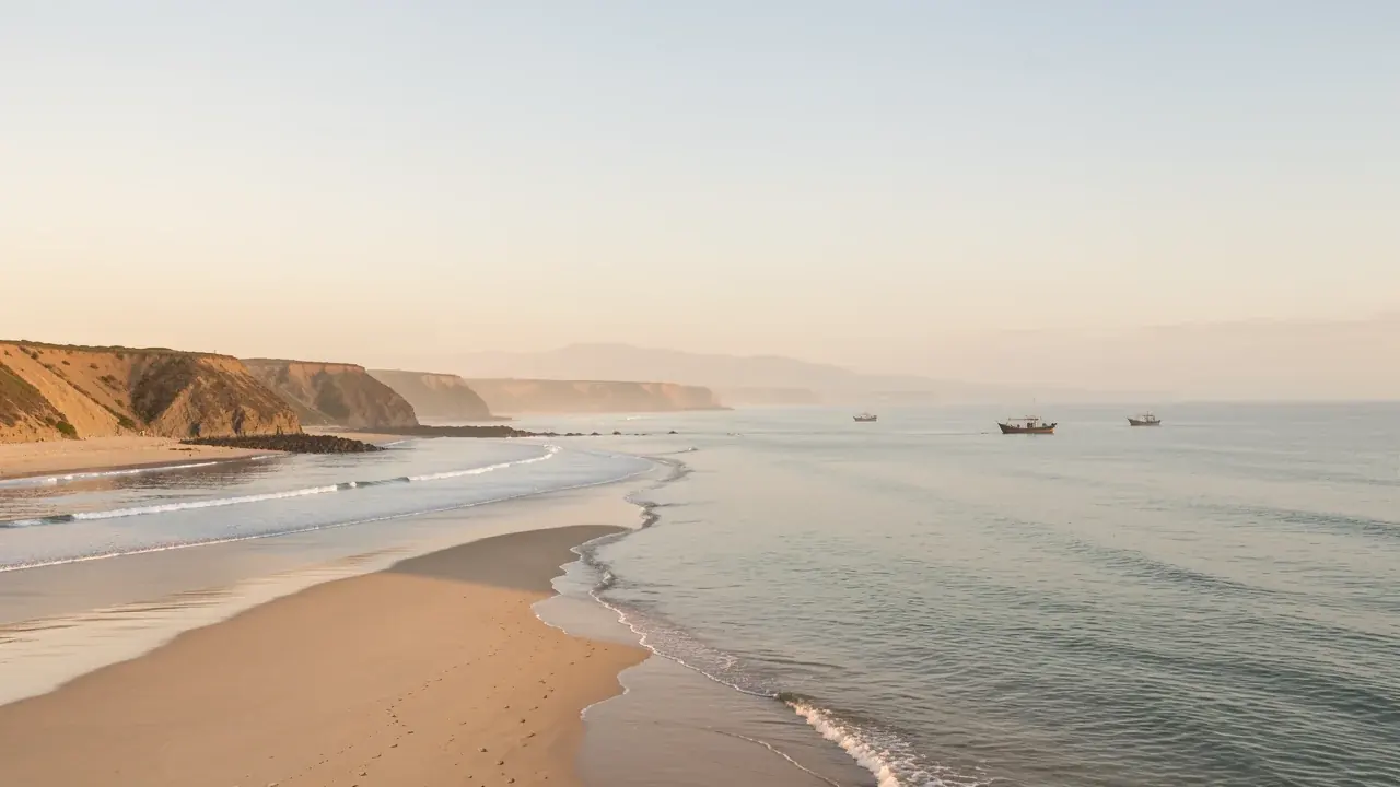 The Pacific coast of Ecuador near Salinas at golden hour, a long pale beach and calm sea