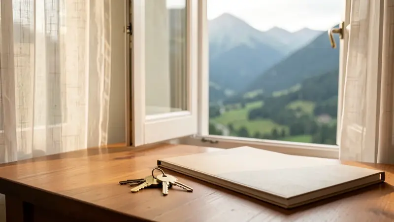 House keys on a wooden table by an open window with a view of green mountains, turnkey handover in Ecuador