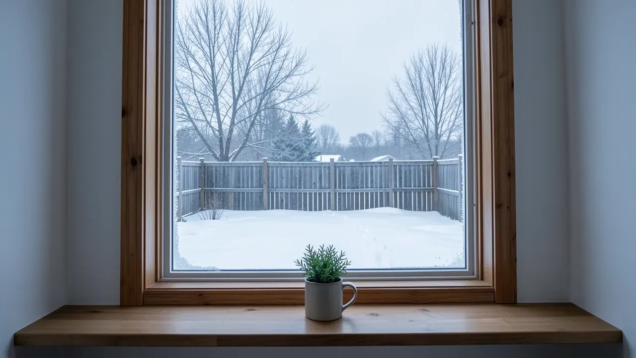 View from inside a home through a large window onto a snowy backyard in the northern United States in January, grey sky and bare trees