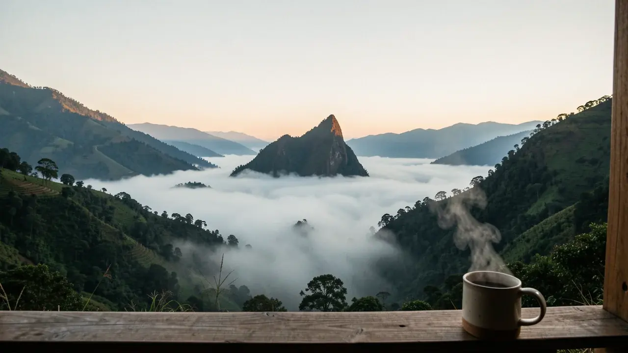 Early morning mist filling the Vilcabamba valley seen from a terrace railing, a steaming mug in the corner