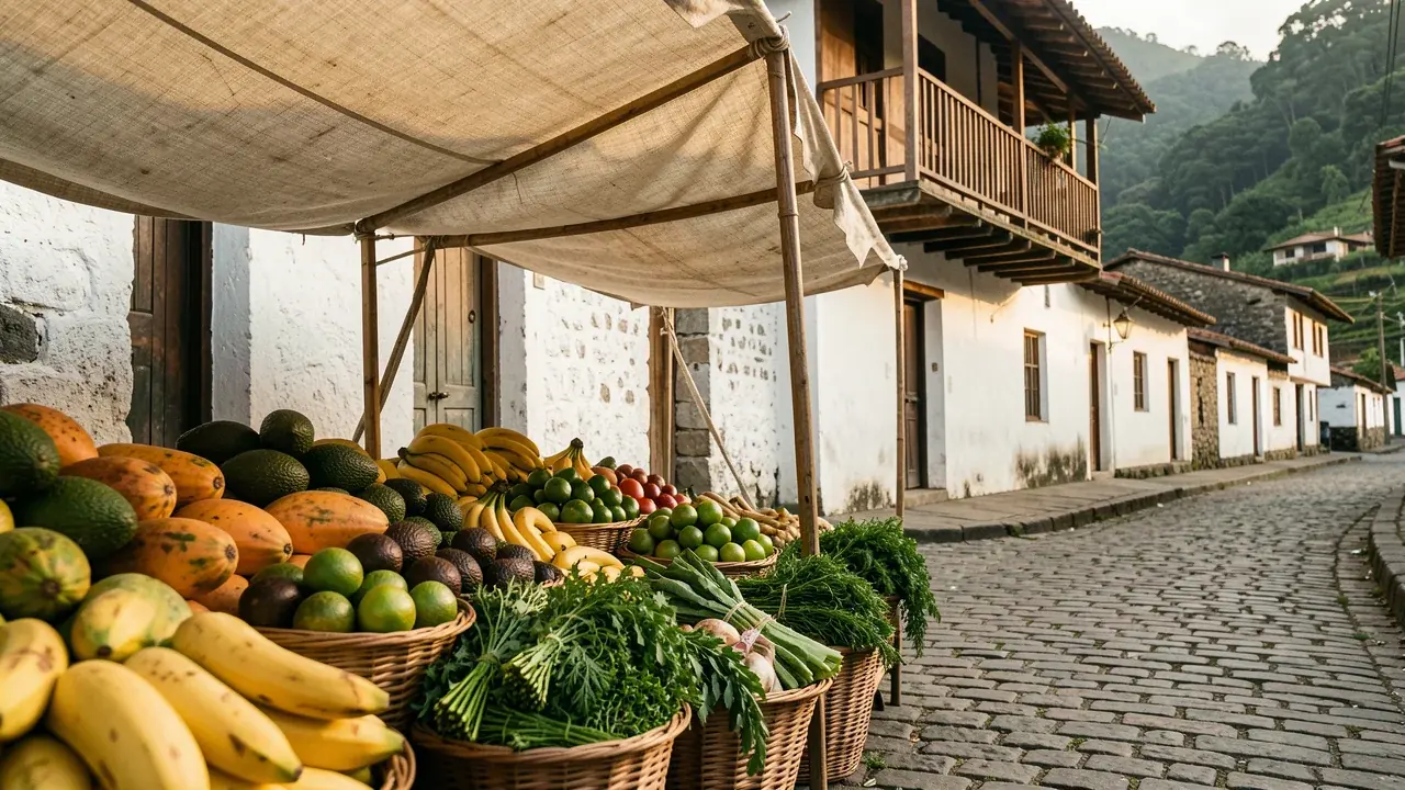 A small-town market stall in Vilcabamba with papayas, bananas, avocados and herbs under a canvas awning