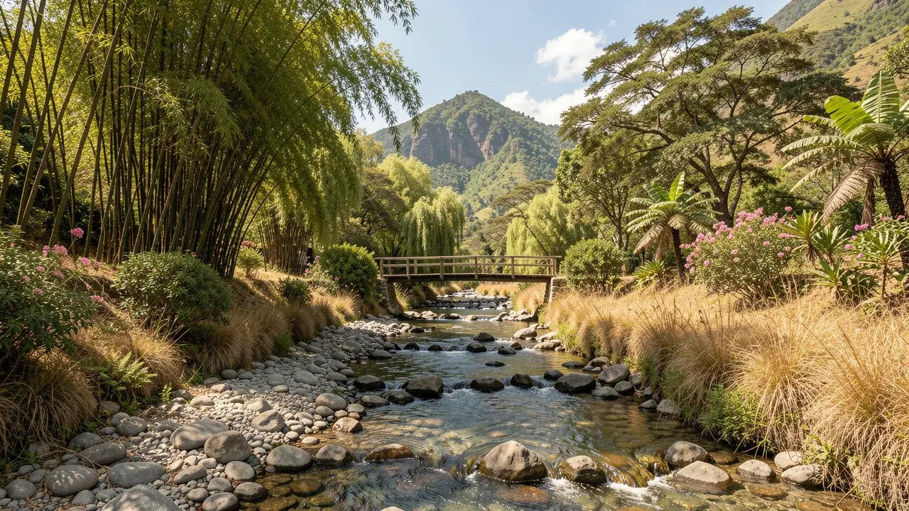 A clear mountain river over round stones with giant bamboo, flowering shrubs, palms and a wooden footbridge near Vilcabamba