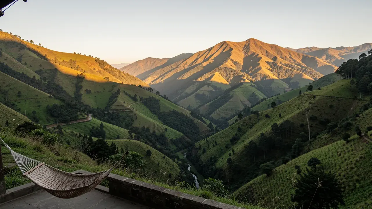 Golden hour light across the Vilcabamba valley with a hammock on a terrace in the foreground