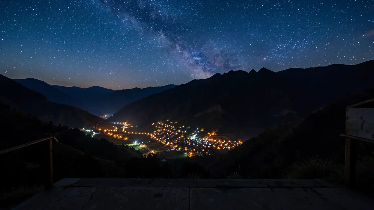 Night over Vilcabamba, the town lights in the dark valley and a sky full of stars