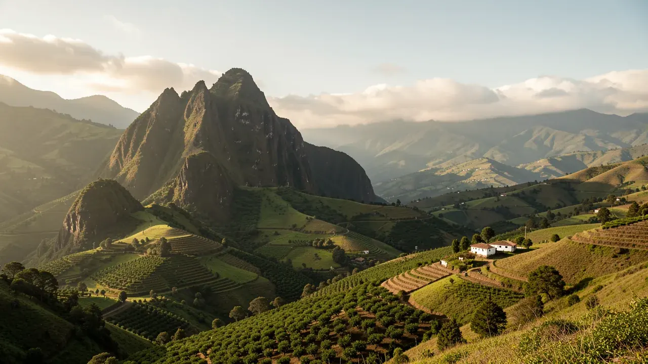 The Vilcabamba valley in southern Ecuador in afternoon light, a rocky ridge above green hills and orchards