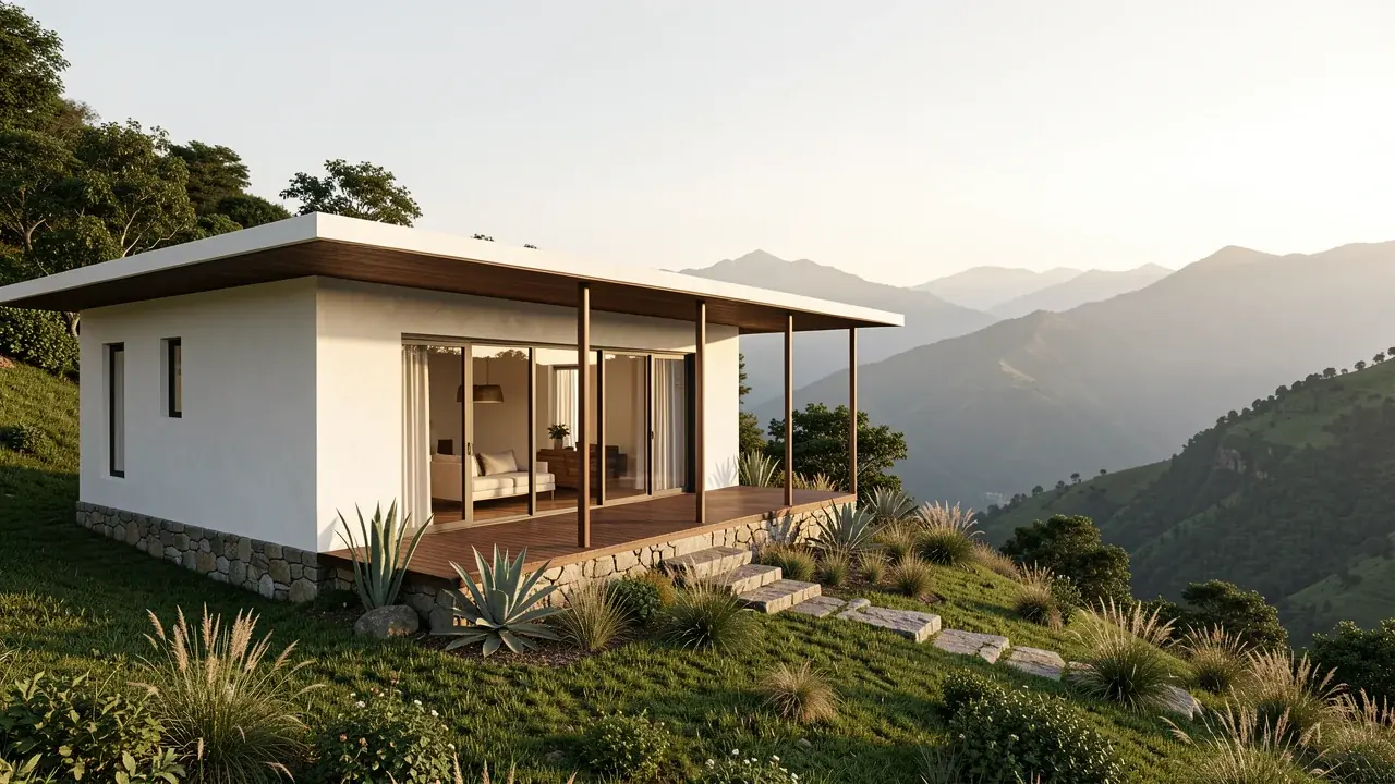 Concept rendering of a single-storey hillside home with a terrace overlooking a green valley in Ecuador